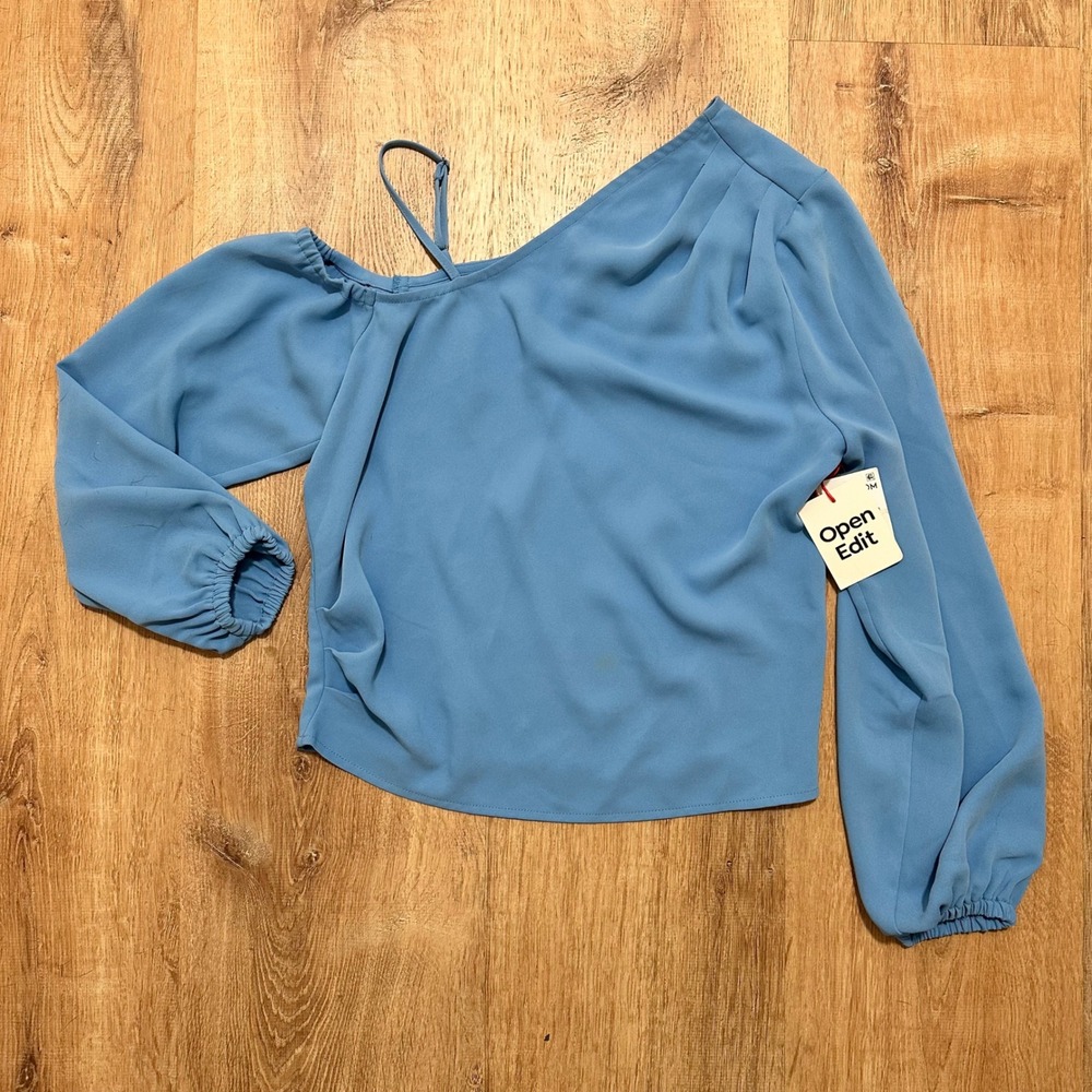 OPEN EDIT | NWT Asymmetrical One Shoulder Balloon Sleeve Top, Ice Blue Lake, XXS - Picture 3 of 11